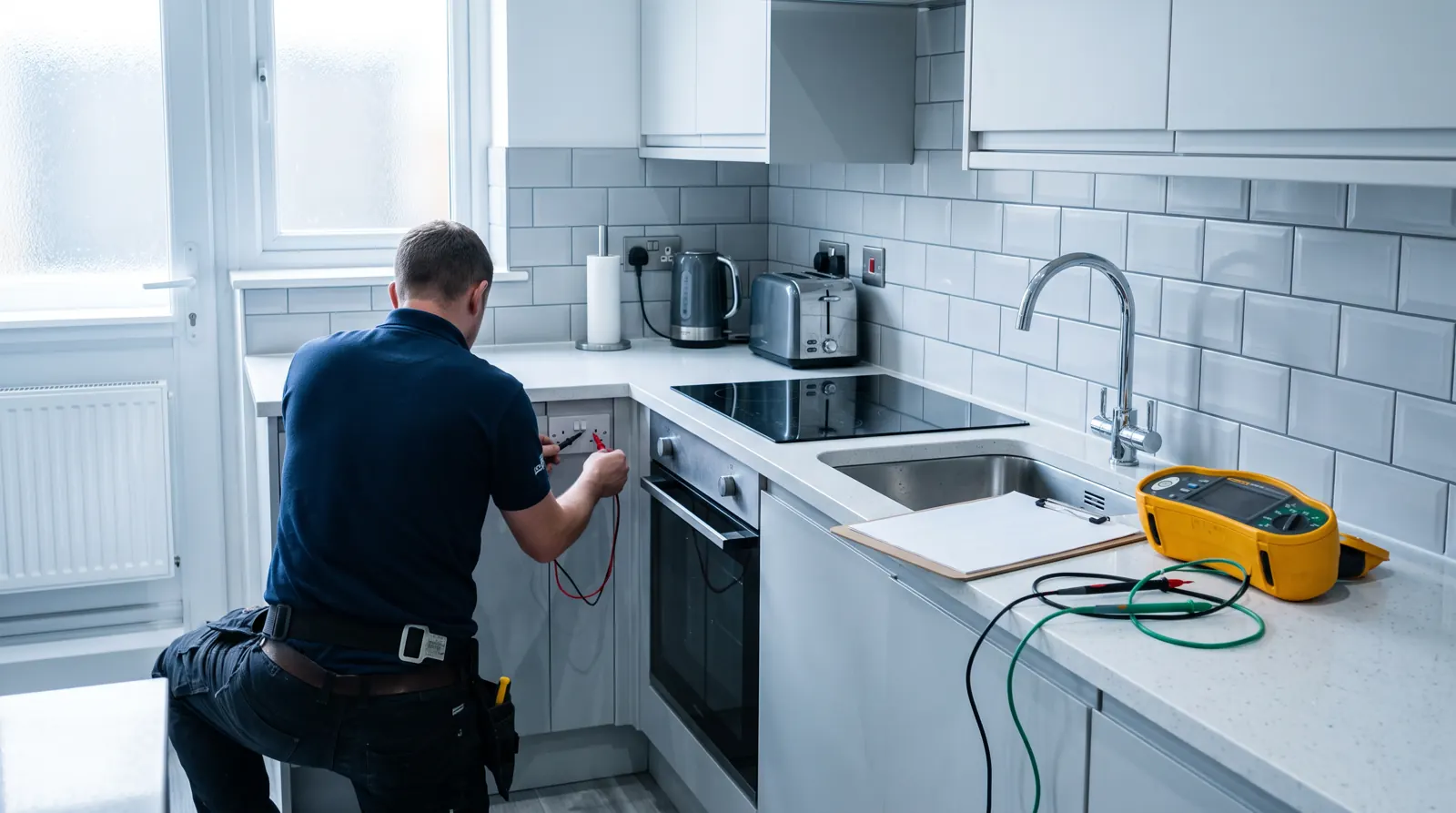Electrician carrying out inspection and testing in a kitchen